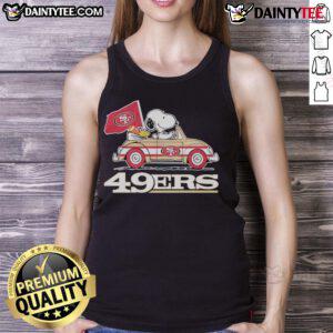 Alt Text: Official San Francisco 49ers X Snoopy tank top featuring Snoopy and Woodstock driving a car, perfect for fans.