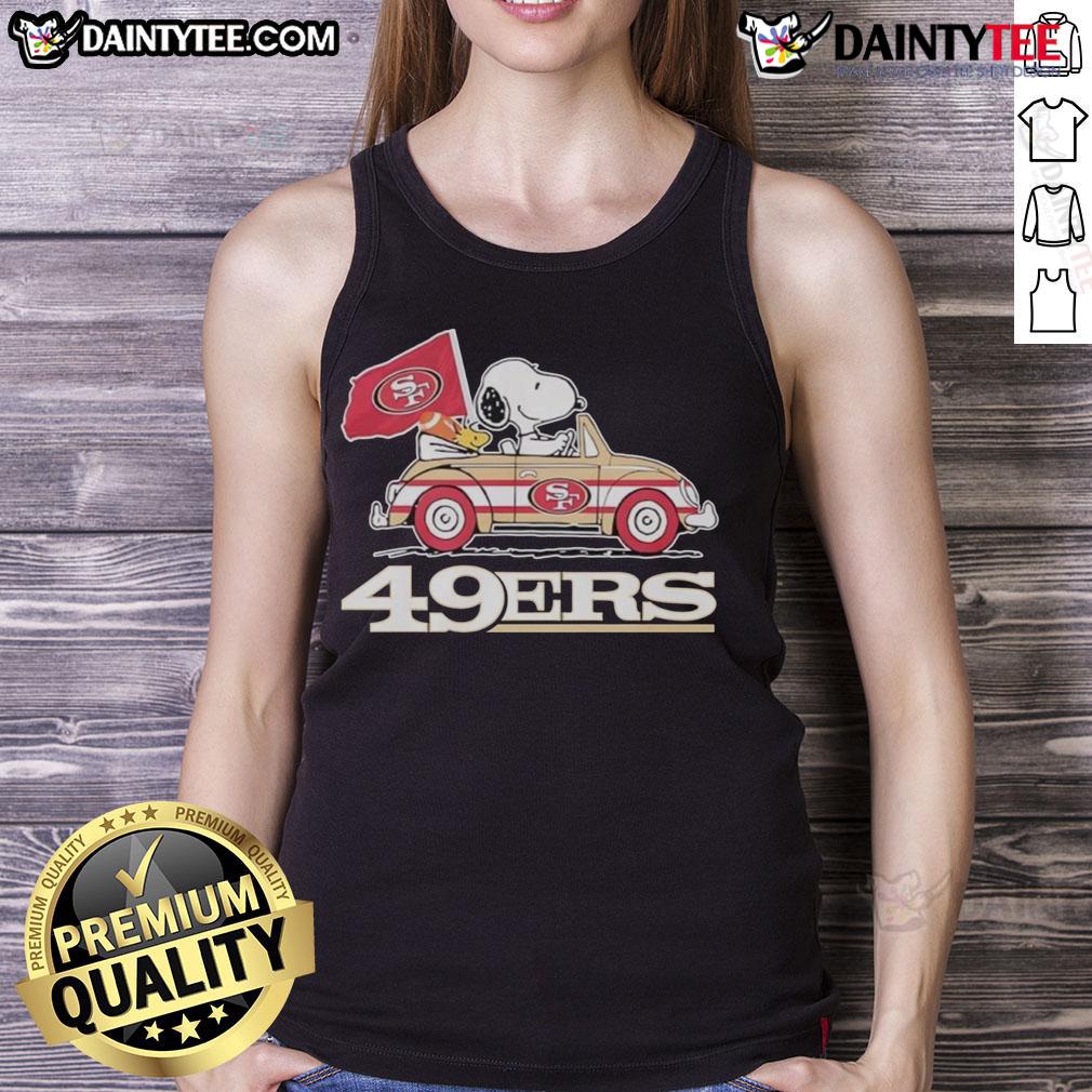 Alt Text: Official San Francisco 49ers X Snoopy tank top featuring Snoopy and Woodstock driving a car, perfect for fans.