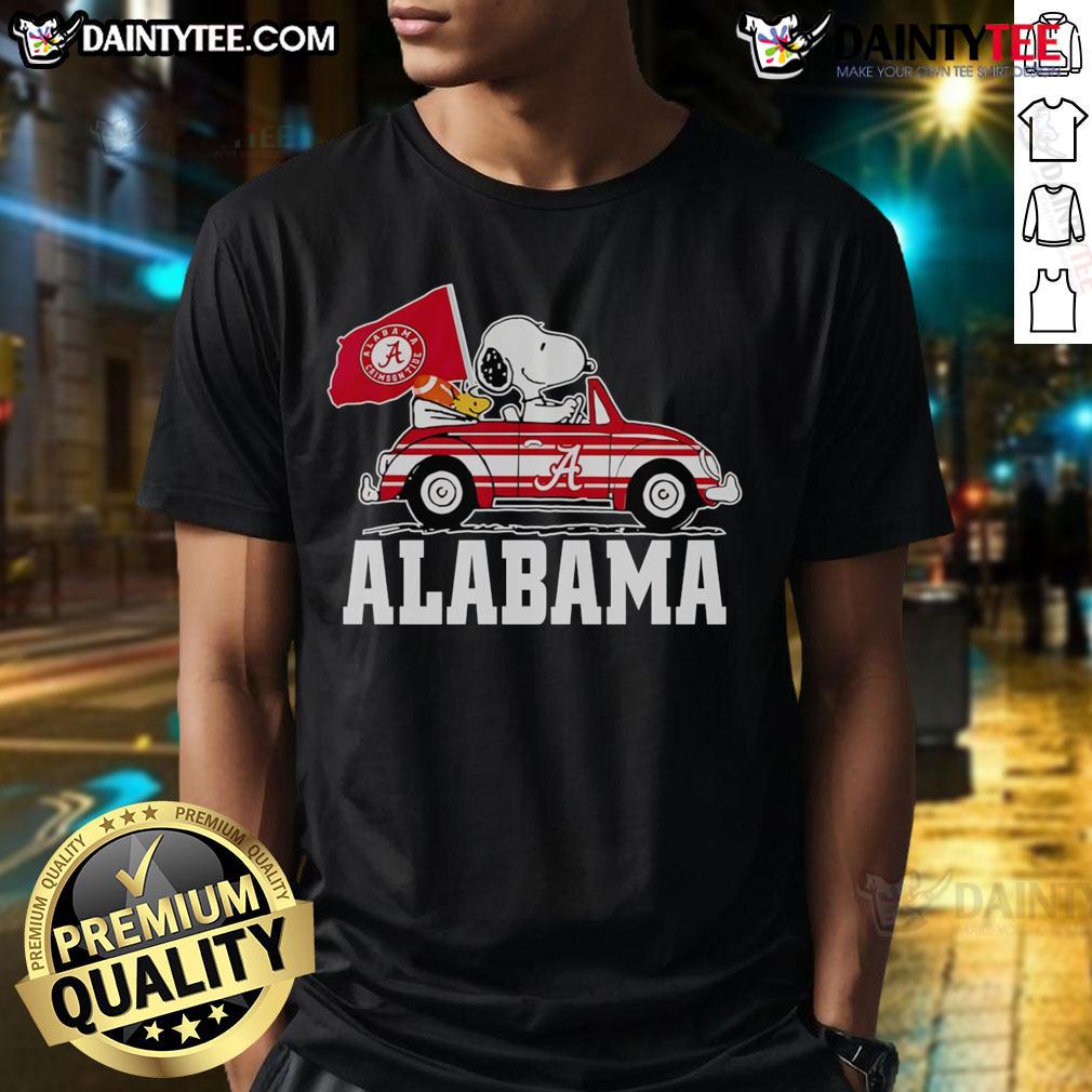 Alt Text: Official Snoopy and Woodstock driving a car on Alabama Crimson Tide T-Shirt, perfect for fans and collectors.