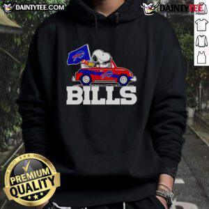 Alt Text: Official Snoopy and Woodstock driving a car on Buffalo Bills hoodie, perfect for fans and cozy game-day wear.