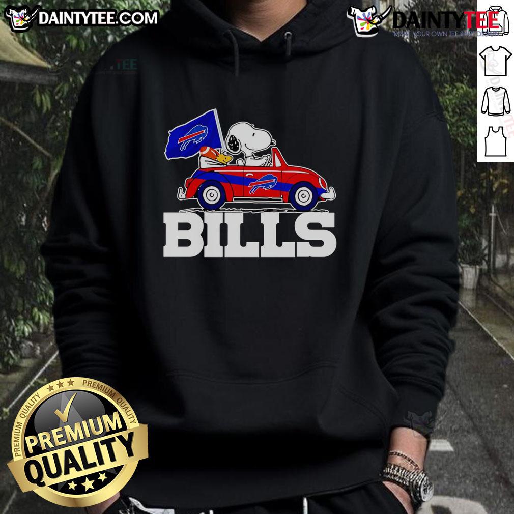 Alt Text: Official Snoopy and Woodstock driving a car on Buffalo Bills hoodie, perfect for fans and cozy game-day wear.