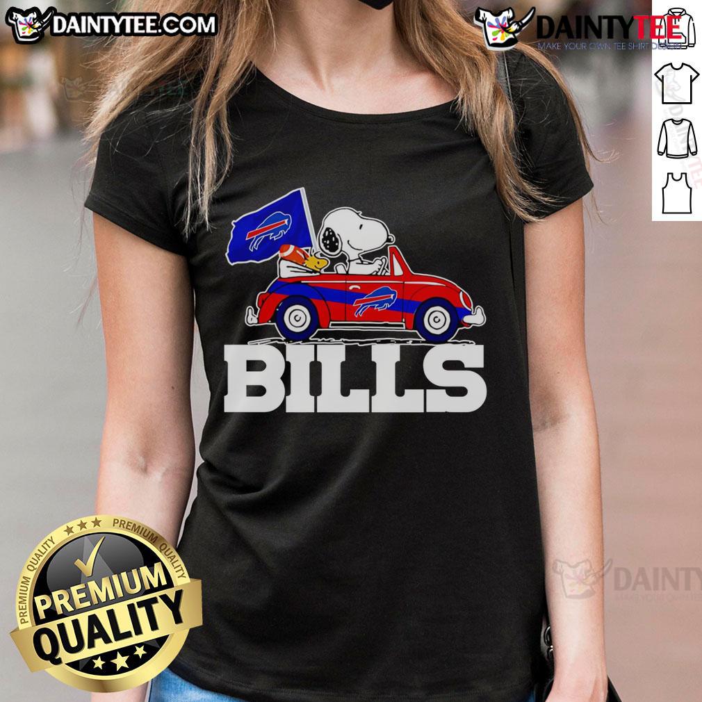 Official Snoopy and Woodstock driving a car on Buffalo Bills ladies tee, perfect for fans and casual wear.