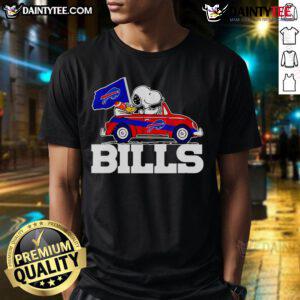 Official Snoopy and Woodstock driving a car on a Buffalo Bills T-shirt, perfect for fans and collectors.