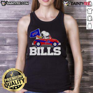 Snoopy and Woodstock driving a car on a Buffalo Bills tank top, showcasing fun team spirit and cartoon charm.