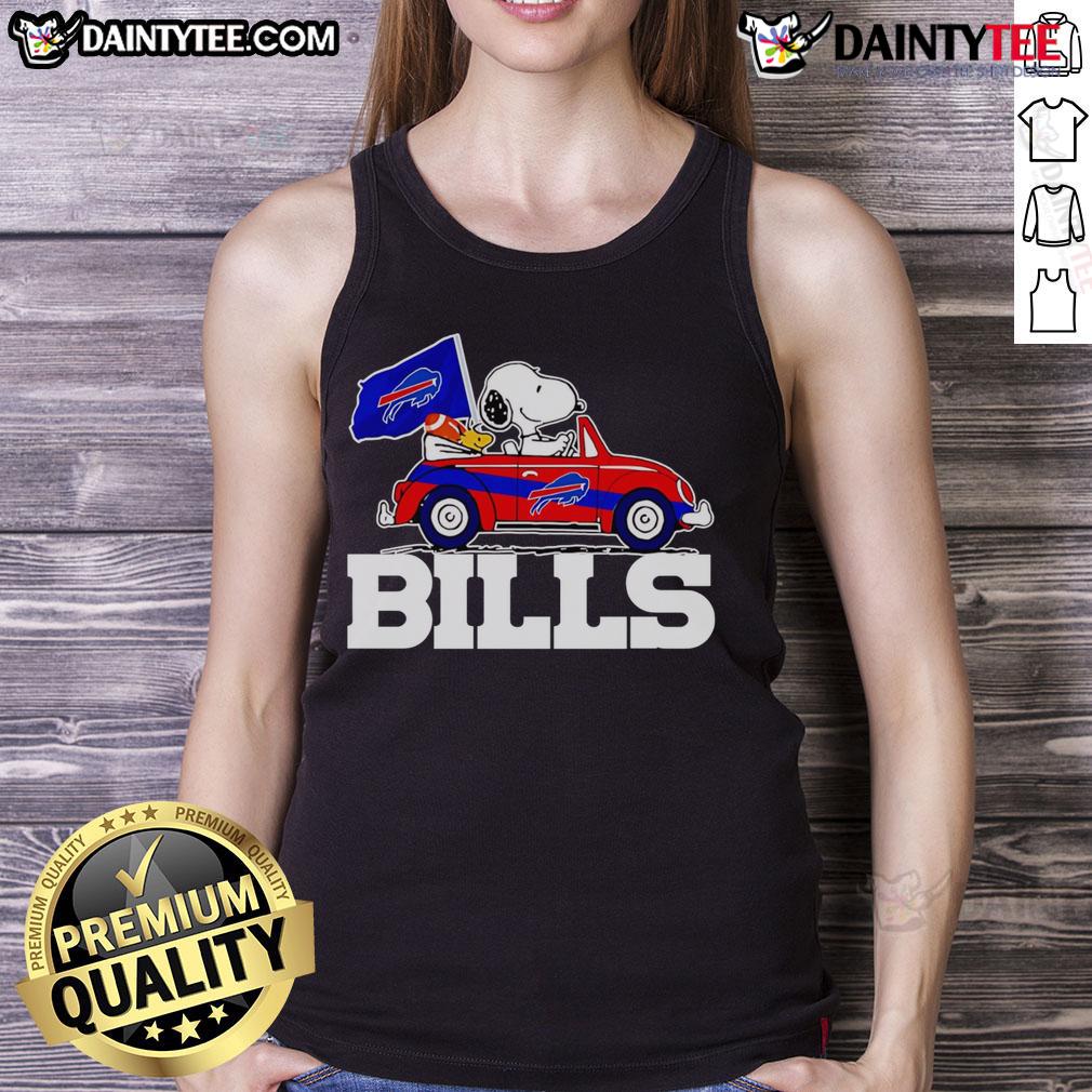 Snoopy and Woodstock driving a car on a Buffalo Bills tank top, showcasing fun team spirit and cartoon charm.