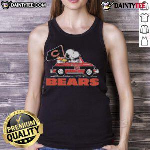 Snoopy and Woodstock driving a car on a Chicago Bears tank top, showcasing fun team spirit and cartoon charm.