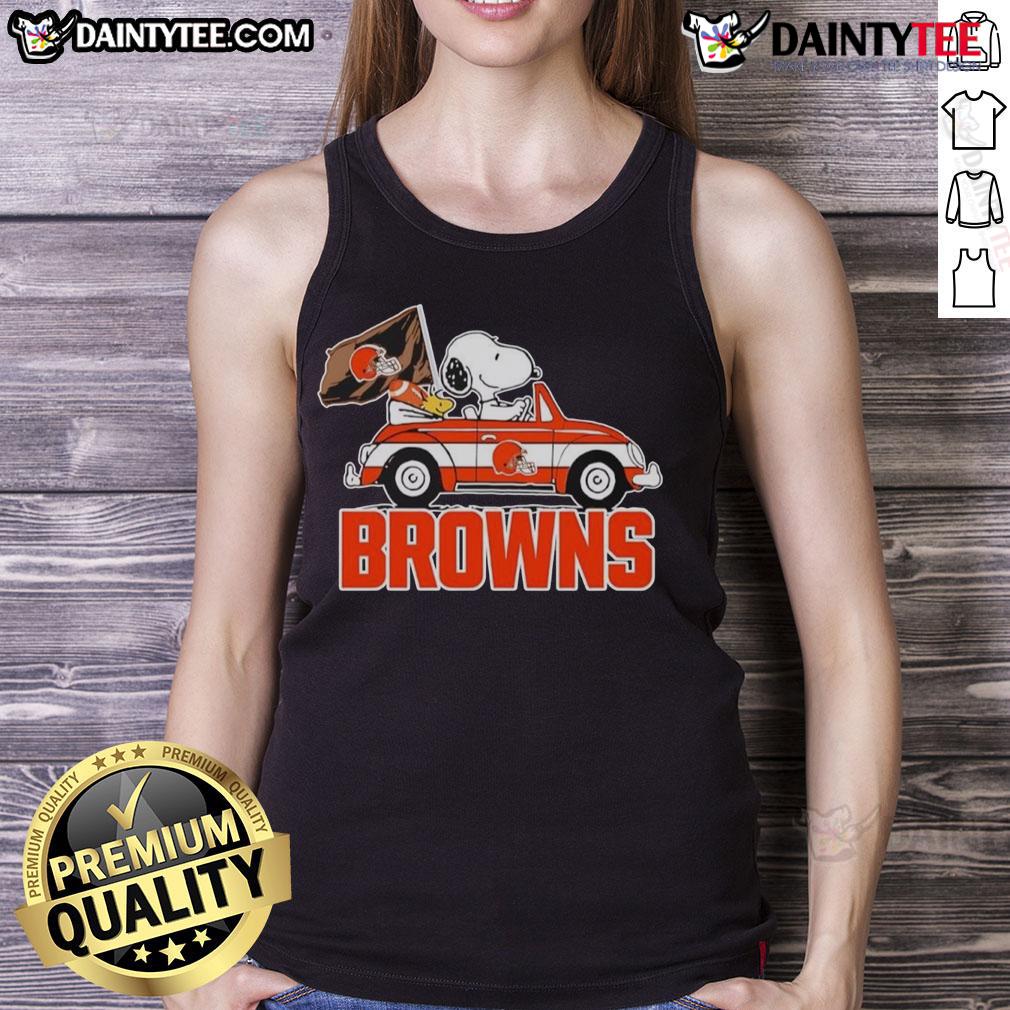 Official Snoopy and Woodstock driving a car on a Cleveland Browns tank top, perfect for fans and casual wear.