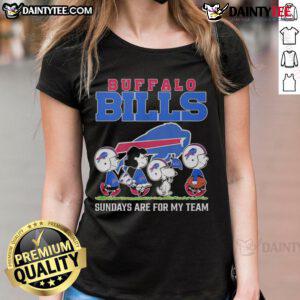 Top Peanuts characters on Buffalo Bills NFL Sundays ladies tee showcasing team spirit and fun fan apparel.