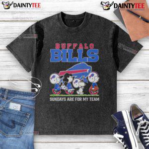 Top Peanuts characters on a Buffalo Bills NFL Sundays t-shirt, perfect for fans cheering for their team.