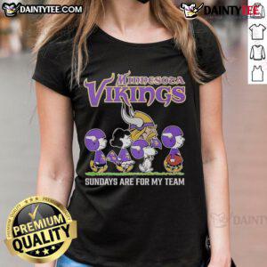 Top Peanuts characters in Minnesota Vikings NFL Ladies Tee for game day, celebrating Sundays are for my team.