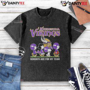 Top Peanuts characters on a Minnesota Vikings NFL 'Sundays Are For My Team' washed t-shirt, perfect for game day.