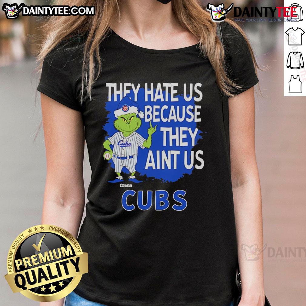 Awesome Chicago Cubs Grinch Christmas tee for ladies featuring 'They Hate Us, Ain't Us' design in festive colors.