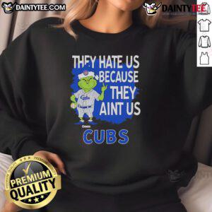 Awesome Chicago Cubs Grinch Christmas sweatshirt featuring 'They Hate Us Ain't Us' design, perfect for holiday fans.