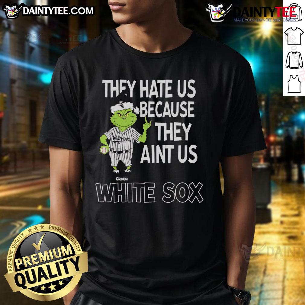 Alt Text: Awesome Chicago White Sox Grinch Christmas T-Shirt featuring 'They Hate Us Ain't Us' design for festive fans.