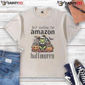 Awesome Grinch Halloween washed t-shirt design featuring the Grinch waiting for Amazon delivery, perfect for festive fun.