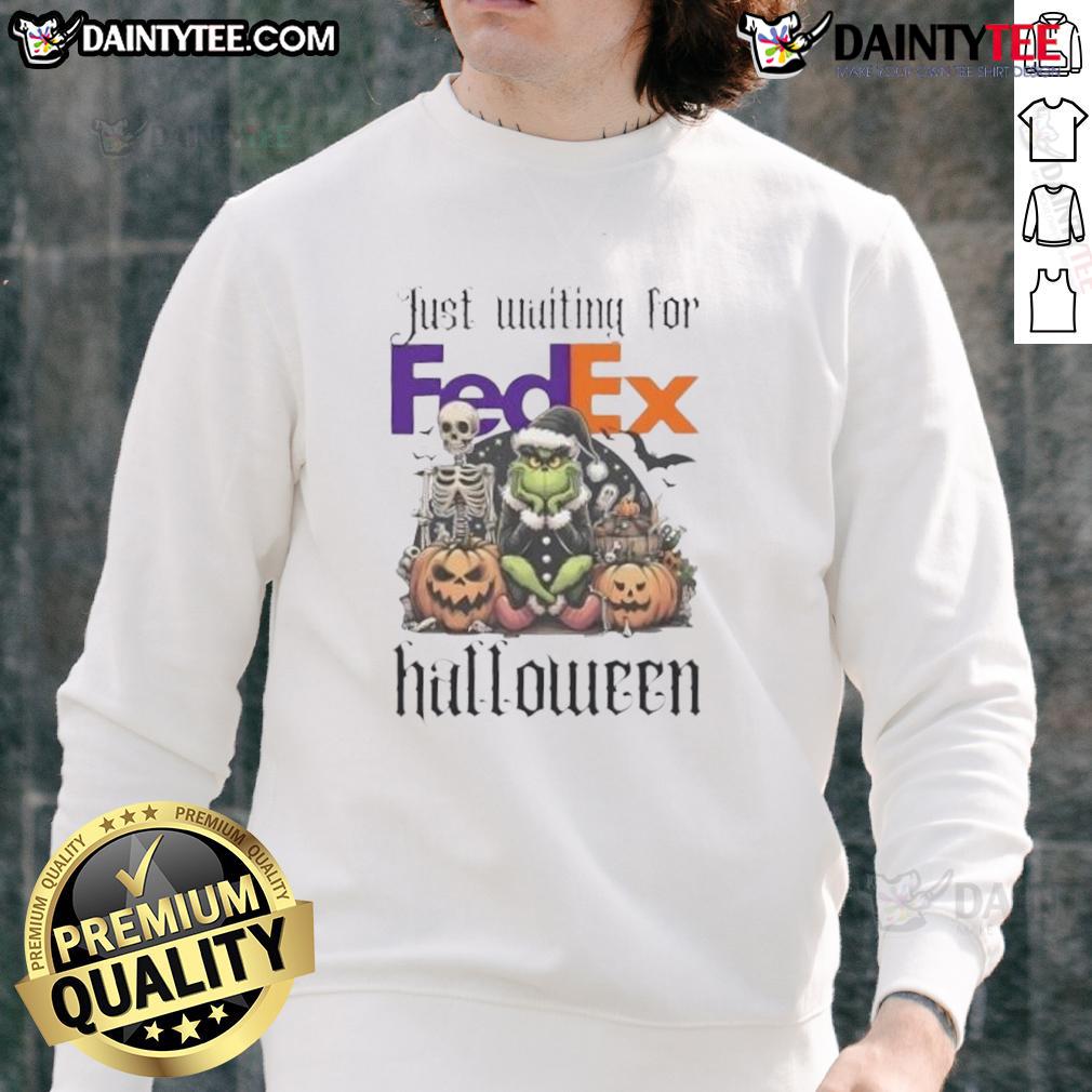 Awesome Grinch Halloween sweatshirt design featuring the Grinch eagerly waiting for FedEx delivery.