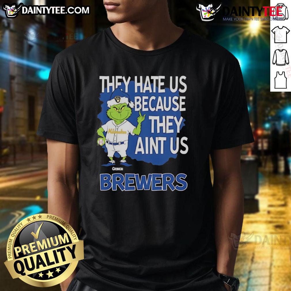 Alt Text: Awesome Milwaukee Brewers Grinch Christmas T-Shirt featuring They Hate Us Ain't Us design in festive colors.