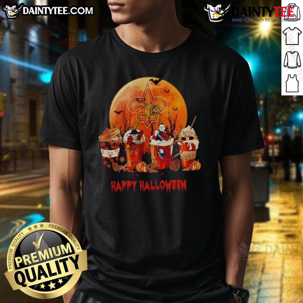Awesome New Orleans Saints Happy Halloween Coffee T-Shirt featuring festive design for football fans celebrating Halloween.