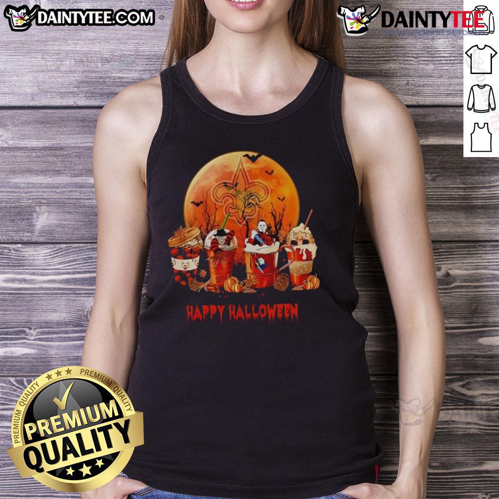 Awesome New Orleans Saints Happy Halloween coffee tank top featuring festive design perfect for game day celebrations.