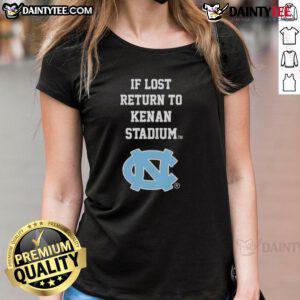 North Carolina Tar Heels ladies tee featuring 'If Lost, Return to Kenan Stadium' design, perfect for fans and game day.