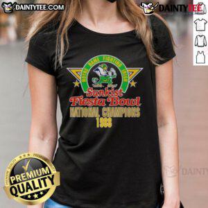 Alt Text: 1988 Notre Dame Sunkist Fiesta Bowl National Champions ladies tee showcasing team pride and vintage sports style.