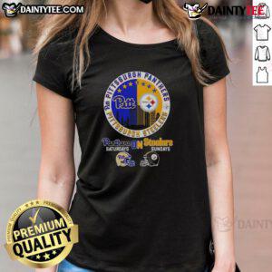 Awesome Pittsburgh Panthers Saturdays and Pittsburgh Steelers Sundays match day football logo on ladies tee.
