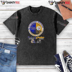Alt Text: Awesome Pittsburgh Panthers Saturdays and Pittsburgh Steelers Sundays match day football logo washed t-shirt design.