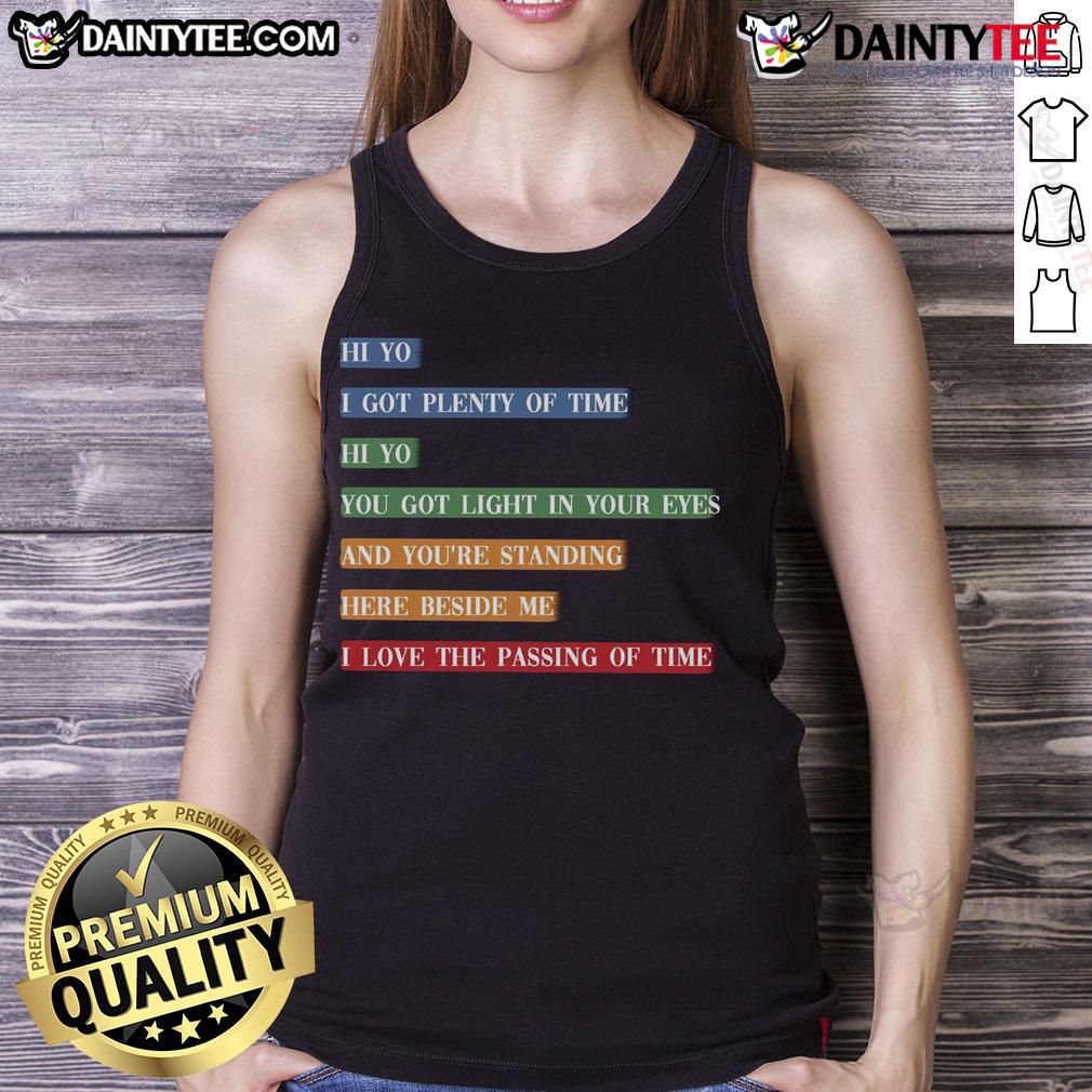 Awesome retro colorful song lyrics time passing tank top design featuring vibrant graphics and artistic text.