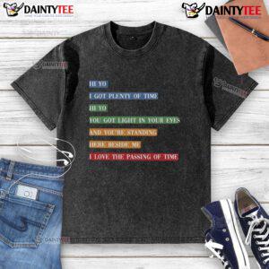 Awesome retro colorful song lyrics graphic on a washed t-shirt, capturing a vibrant, nostalgic style.