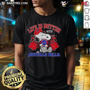Alt Text: Awesome Snoopy Buffalo Bills NFL T-Shirt: 'Life Is Better With Bills Mafia' design for die-hard fans.
