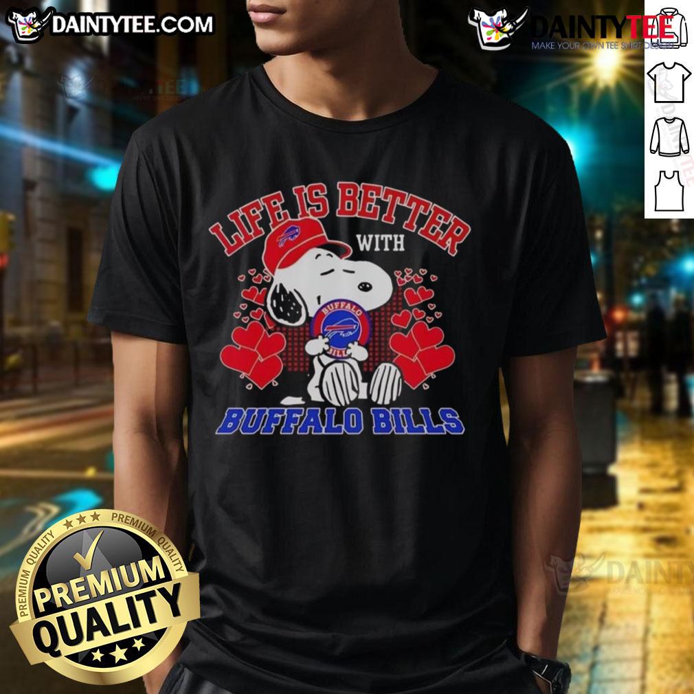 Alt Text: Awesome Snoopy Buffalo Bills NFL T-Shirt: 'Life Is Better With Bills Mafia' design for die-hard fans.