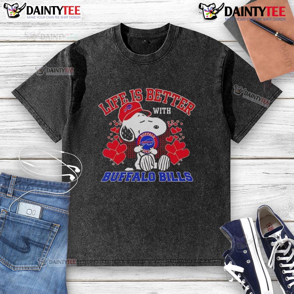 Awesome Snoopy Buffalo Bills NFL t-shirt featuring 'Life is Better with Bills Mafia' design, perfect for fans.