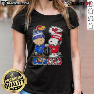 Awesome Snoopy and Charlie Brown Kansas Sports Jayhawks Chiefs skyline ladies tee, perfect for fans and fashion lovers.