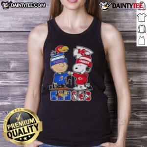 Alt Text: Awesome Snoopy X Charlie Brown tank top featuring Kansas Jayhawks and Chiefs skyline design.