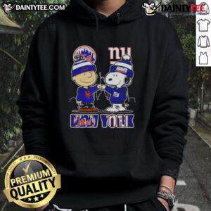 Awesome Snoopy X Charlie Brown hoodie featuring New York Mets and Giants skyline design, perfect for sports fans.