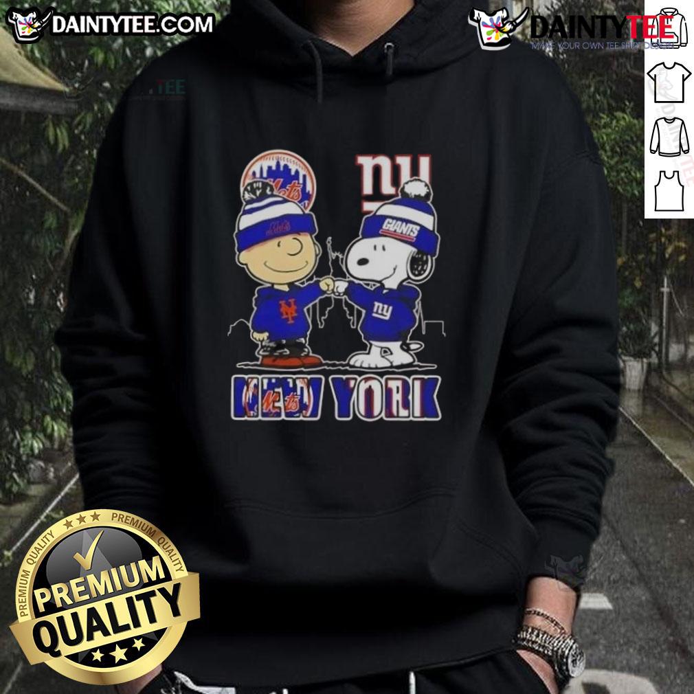 Awesome Snoopy X Charlie Brown hoodie featuring New York Mets and Giants skyline design, perfect for sports fans.