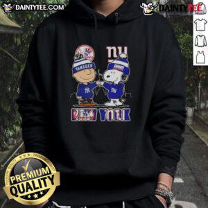 Awesome Snoopy x Charlie Brown hoodie featuring New York Yankees and Giants skyline design, perfect for sports fans.