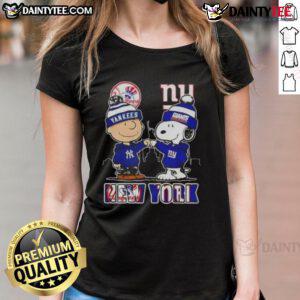 Awesome Snoopy X Charlie Brown New York sports tee featuring Yankees and Giants skyline design for ladies.