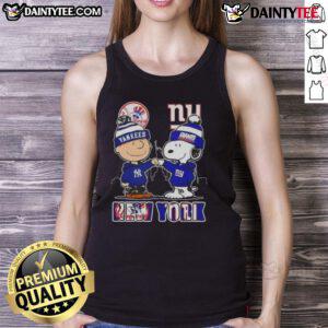 Awesome Snoopy X Charlie Brown tank top featuring New York sports teams Yankees and Giants against a skyline backdrop.