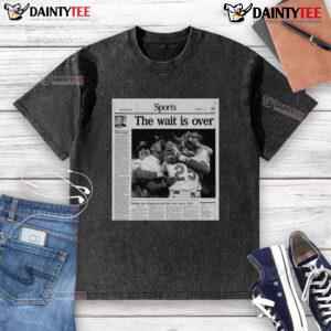 Indians champions T-shirt celebrating their first win since 1954, featuring vibrant graphics and the slogan 'The Wait Is Over'.