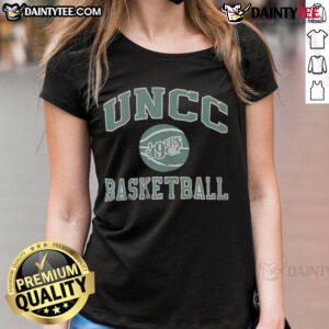 Alt Text: Awesome UNCC Charlotte 49ers basketball ladies tee featuring team colors and logo, perfect for fans.