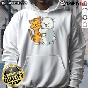 Adorable cartoon hoodie featuring a cute cat and bear hugging, symbolizing friendship between animals.