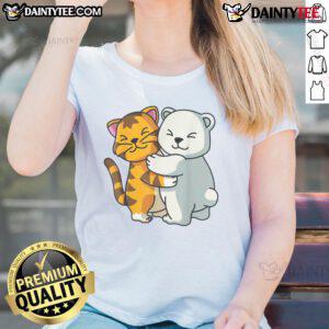 Alt Text: Adorable cartoon of a cute cat and bear hugging, perfect for a ladies tee celebrating animal friendship.