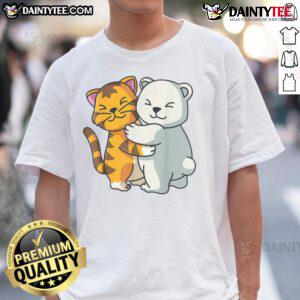 Adorable cartoon of a cute cat and bear hugging, featured on a charming animal friendship T-shirt design.