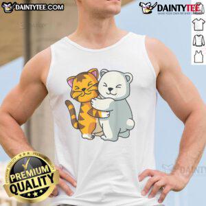Adorable cartoon of a cute cat and bear hugging, featured on a tank top celebrating animal friendship.