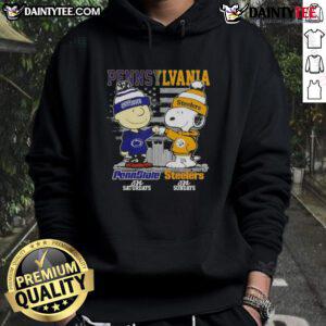 Alt Text: Cute Pennsylvania Sports hoodie featuring Charlie Brown, Penn State Nittany Lions, and Snoopy with Pittsburgh Steelers.