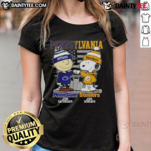 Cute Pennsylvania sports tee featuring Charlie Brown, Snoopy, Penn State Nittany Lions, and Pittsburgh Steelers design.