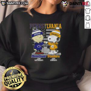 Adorable Pennsylvania sports sweatshirt featuring Charlie Brown, Snoopy, Penn State Nittany Lions, and Pittsburgh Steelers.