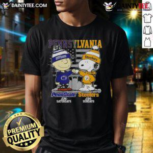 Alt Text: Cute Pennsylvania Sports Charlie Brown t-shirt featuring Penn State Nittany Lions and Pittsburgh Steelers designs.