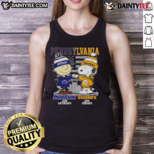 Cute Pennsylvania sports tank top featuring Charlie Brown, Snoopy, Penn State Nittany Lions, and Pittsburgh Steelers.